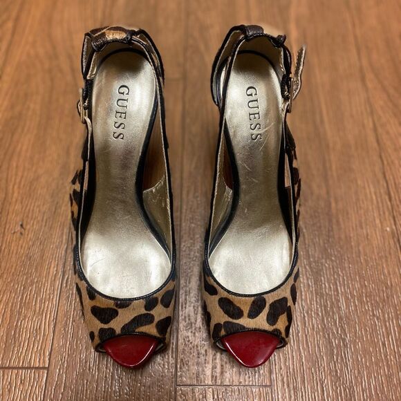 Y2K GUESS Pony Hair Leopard Print Red Patent Leather Peep Toe Heels Size 8 - Picture 3 of 11
